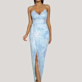 Floral Sequined Dress, Sexy Spaghetti Strap Sleeveless Party Dress, Women's Clothing (Color: Sky Blue, size: M(6))